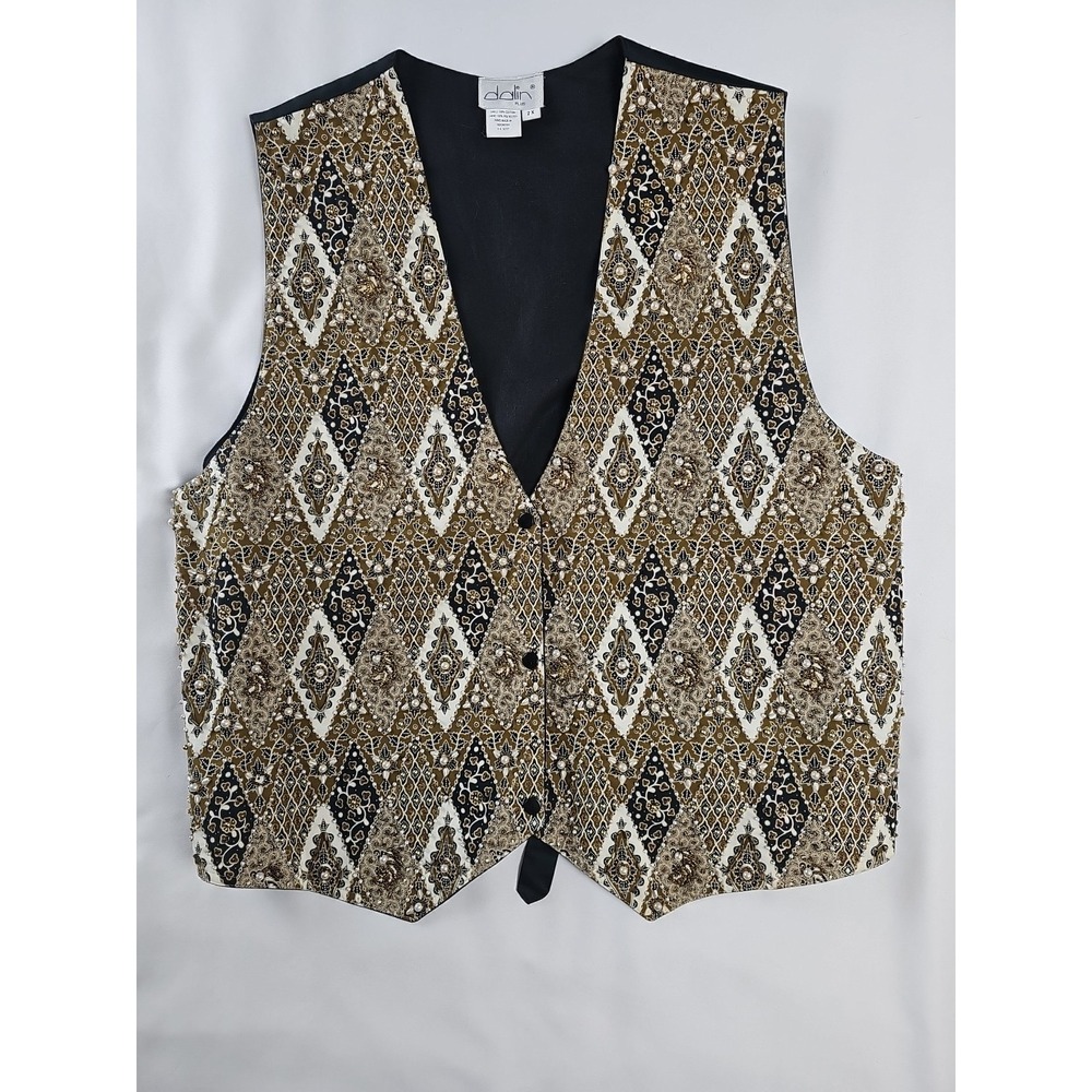 Vtg Dalin Plus Beaded Pearl Vest Diamond Pattern Gold‎ Black Olive Size 2X